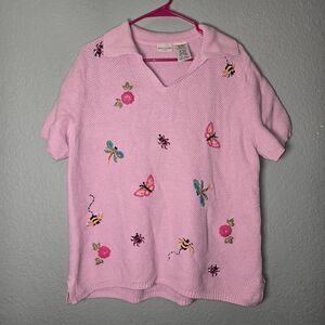 White Stag Sweater Womens 18/20W Pink Pullover Embroidered V-Neck Collar Floral
